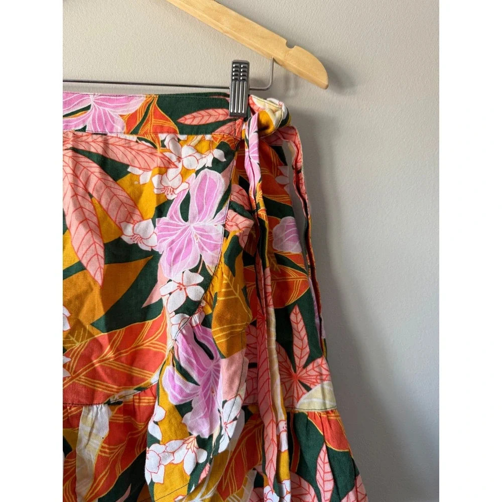 Aerie Wrap Mini Skirt Medium Orange Pink Tropical Floral Ruffle‎ Hem Tie Waist